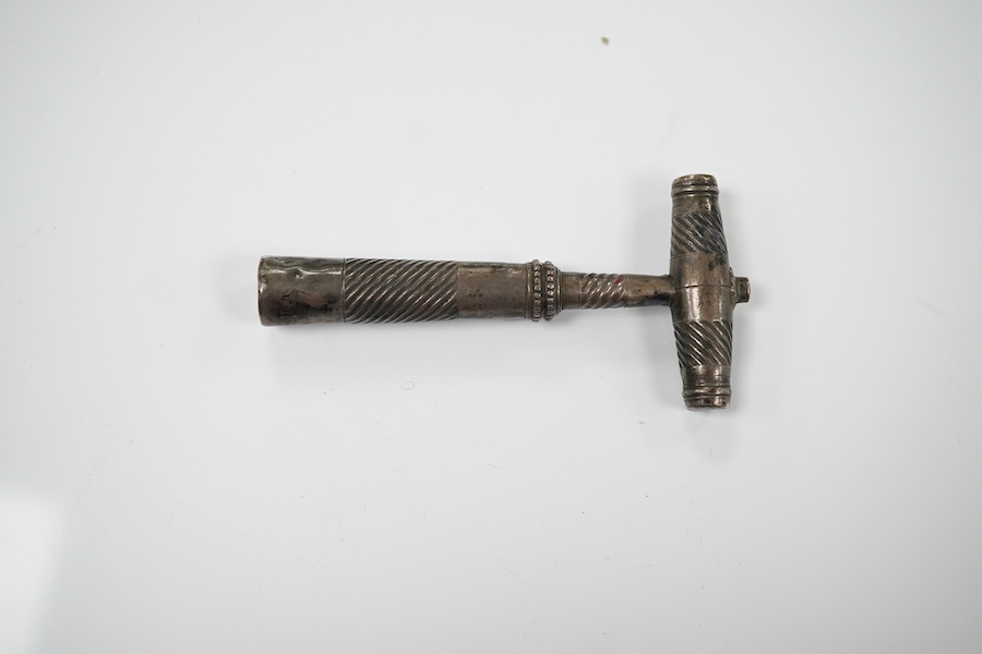 A George III silver travelling corkscrew, by Samuel Pemberton, circa 1800, maker's mark only, 78mm. Condition - poor